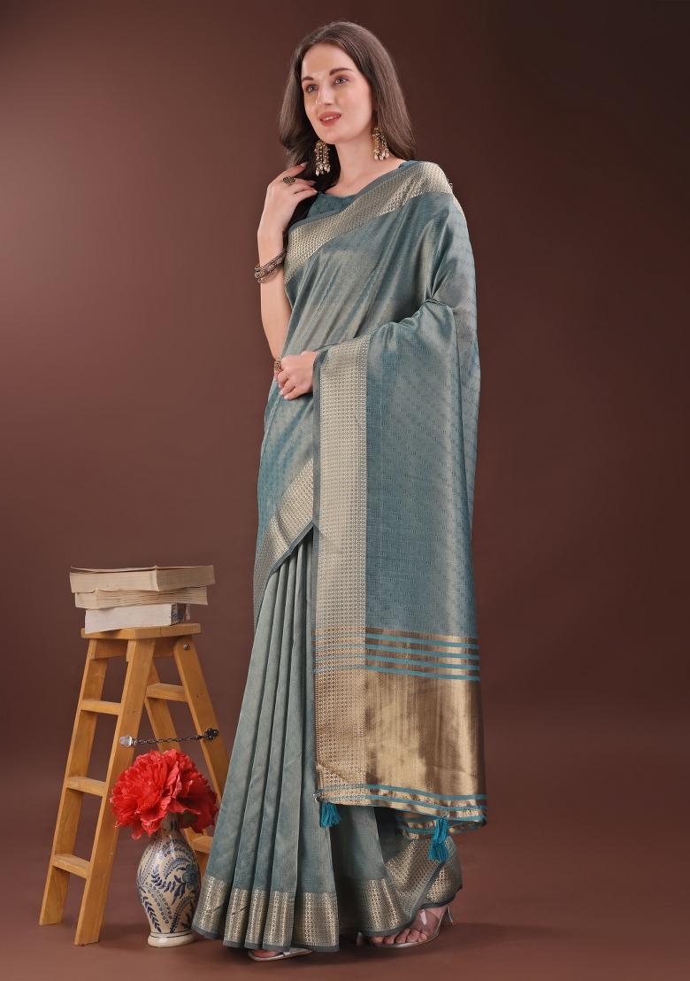 Sea Green Printed Organza Saree  Set
