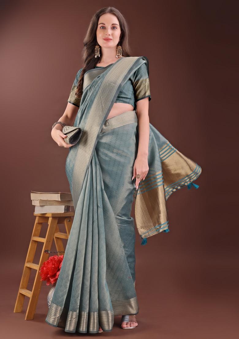 Sea Green Printed Organza Saree  Set
