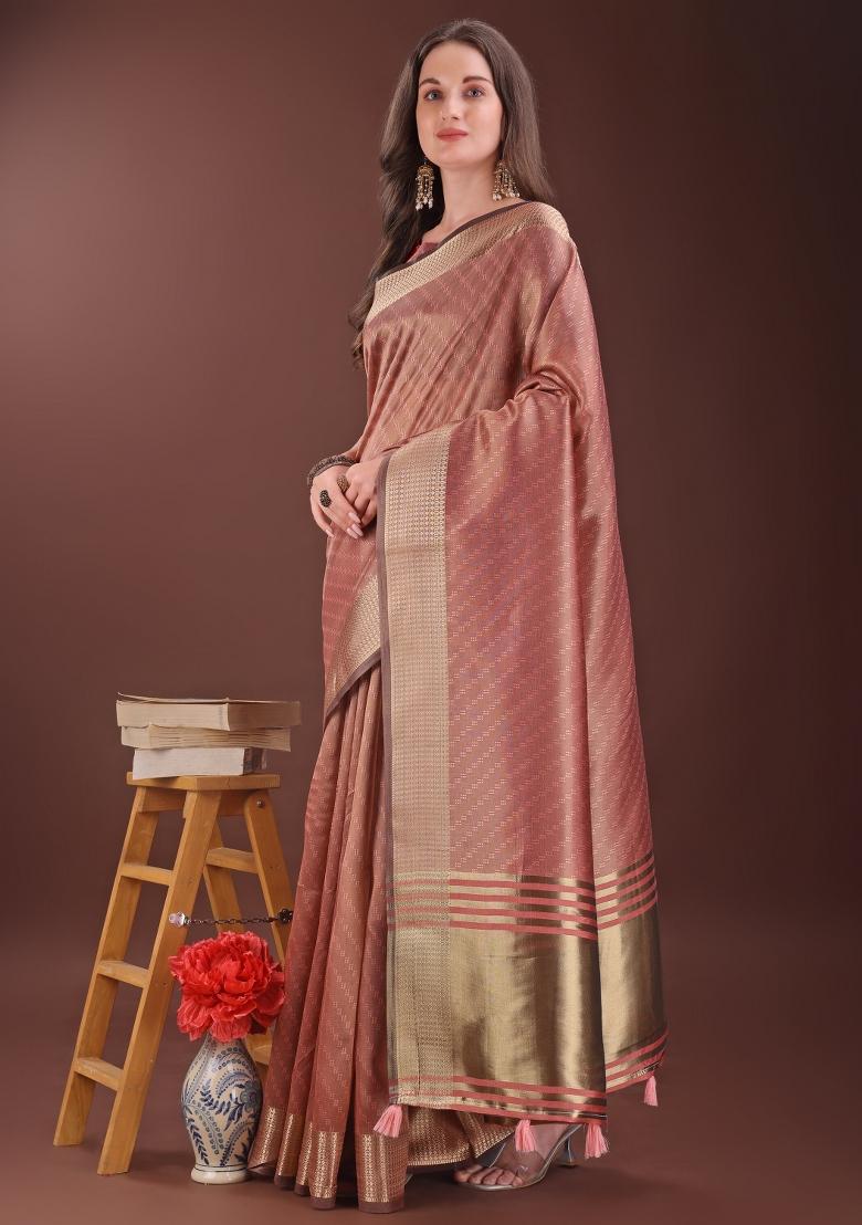 Peach Printed Organza Saree  Set