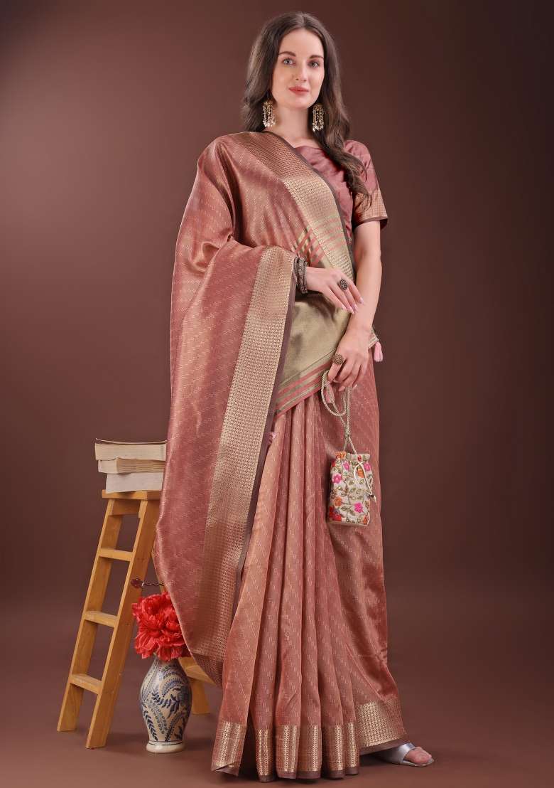 Peach Printed Organza Saree  Set - Indya
