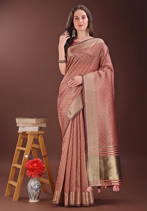 Peach Printed Organza Saree  Set