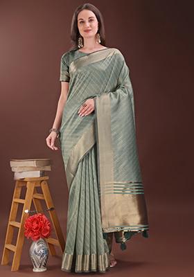 Green Printed Organza Saree  Set