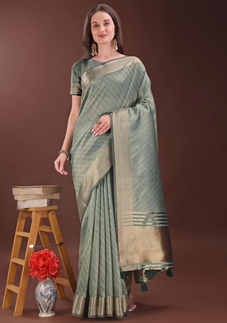 Green Printed Organza Saree  Set - Indya
