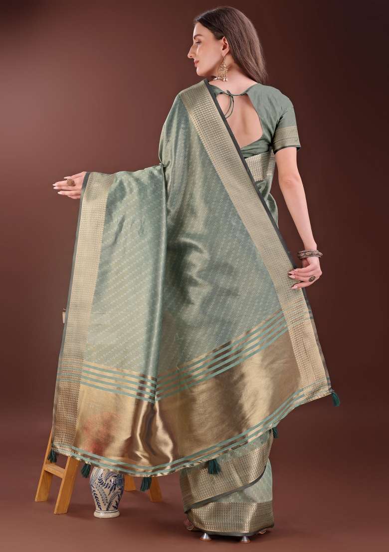 Green Printed Organza Saree  Set - Indya