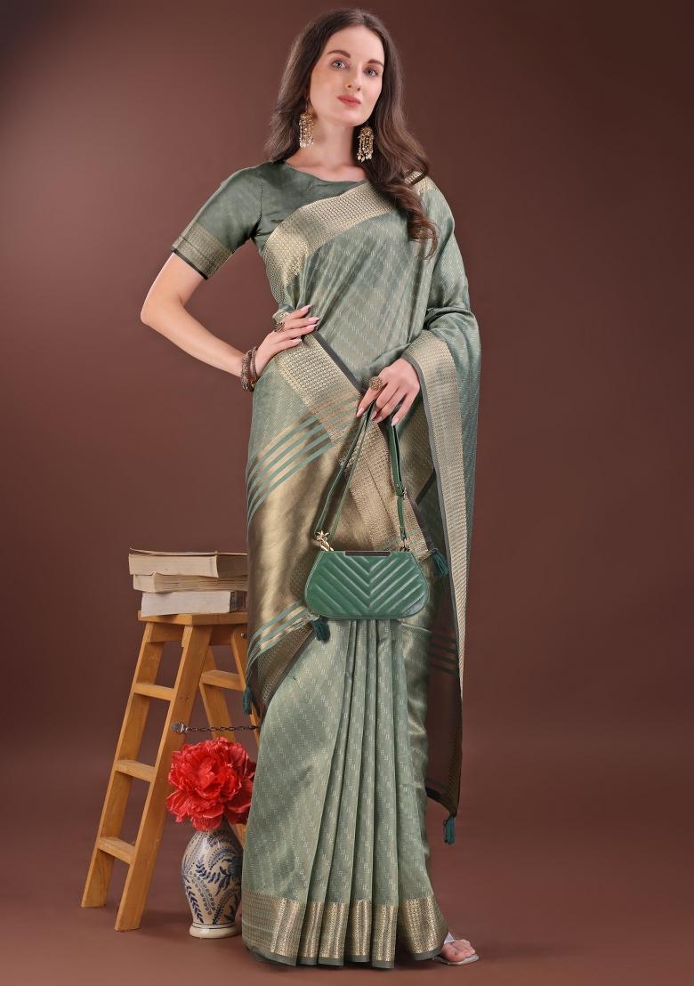 Green Printed Organza Saree  Set