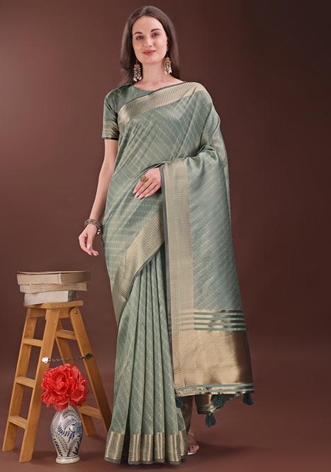 Green Printed Organza Saree  Set