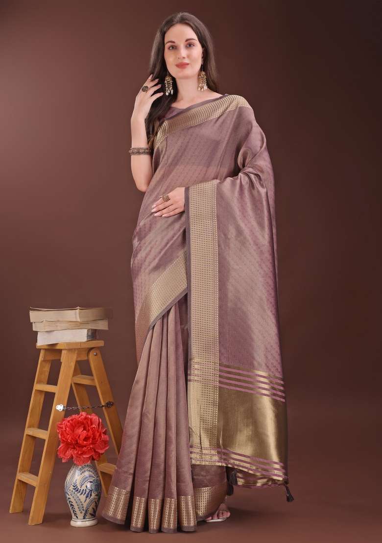 Magenta Printed Organza Saree  Set - Indya