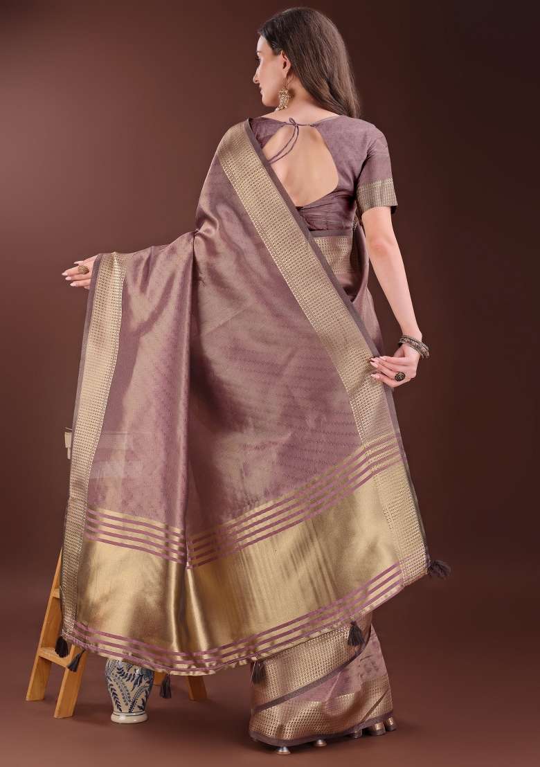 Magenta Printed Organza Saree  Set - Indya
