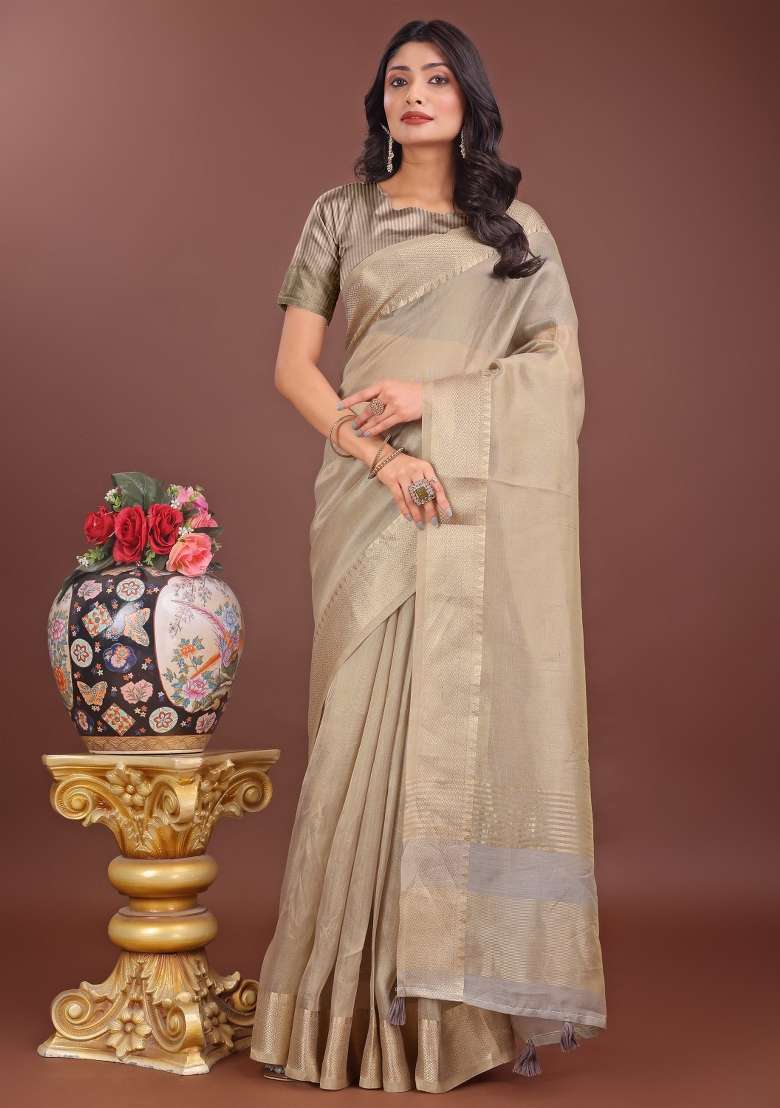 Beige Printed Organza Saree  Set - Indya