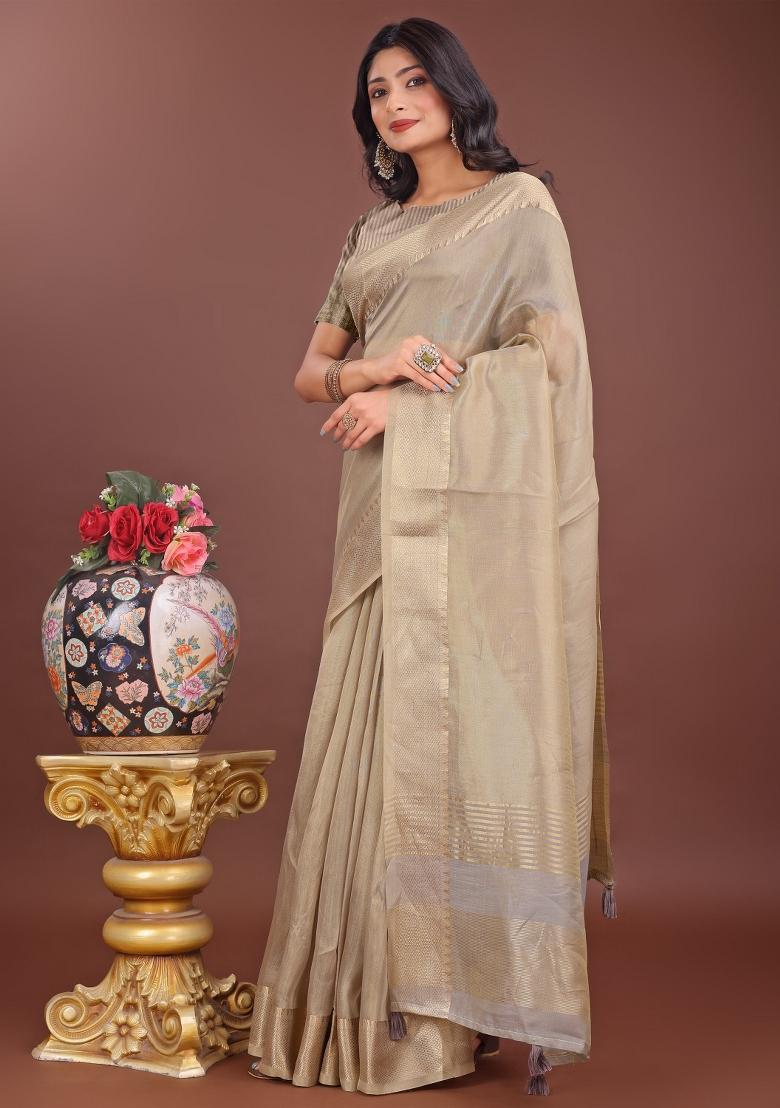 Beige Printed Organza Saree  Set