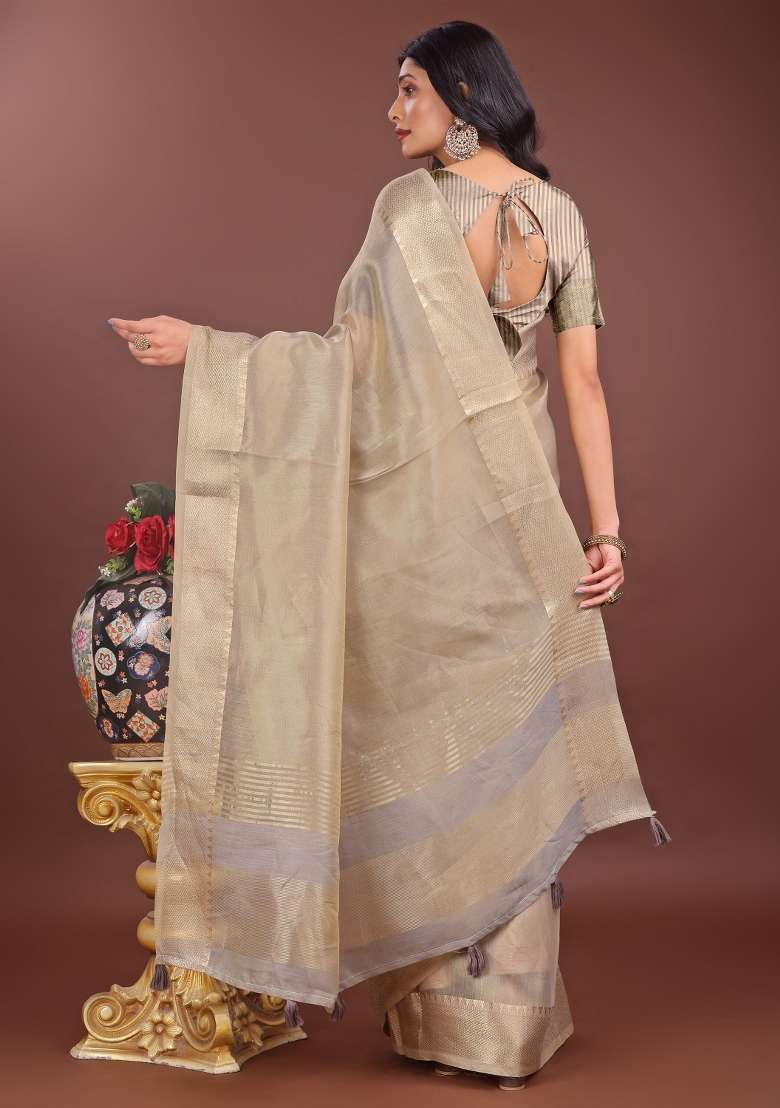 Beige Printed Organza Saree  Set - Indya