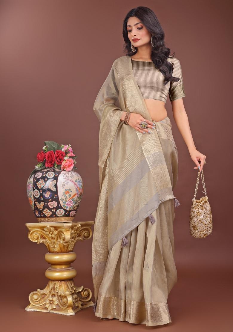 Beige Printed Organza Saree  Set