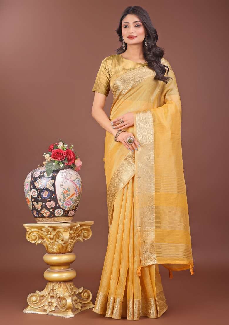 Yellow Printed Organza Saree  Set - Indya