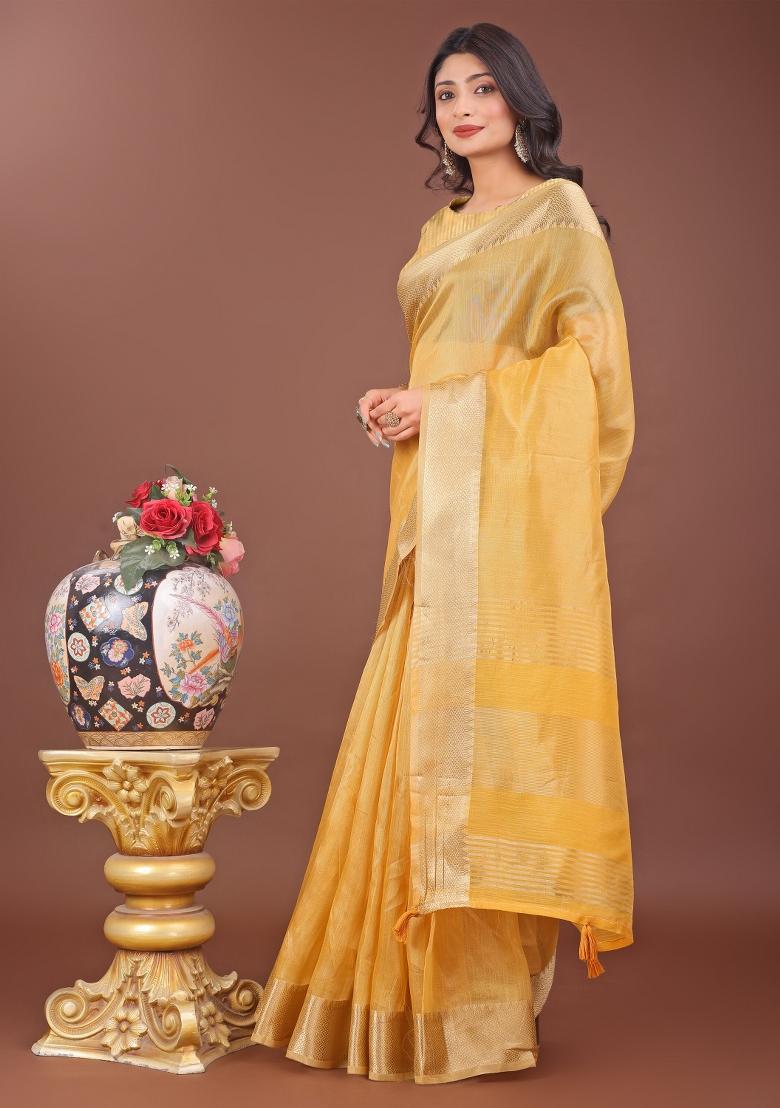 Yellow Printed Organza Saree  Set