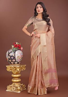 Peach Printed Organza Saree  Set
