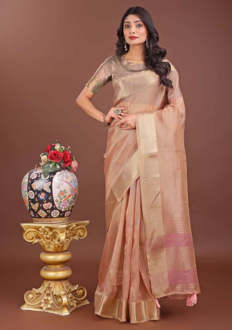 Peach Printed Organza Saree  Set - Indya
