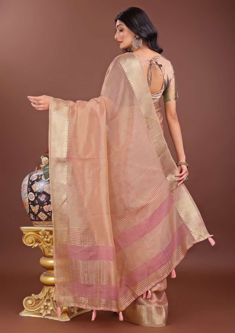 Peach Printed Organza Saree  Set - Indya