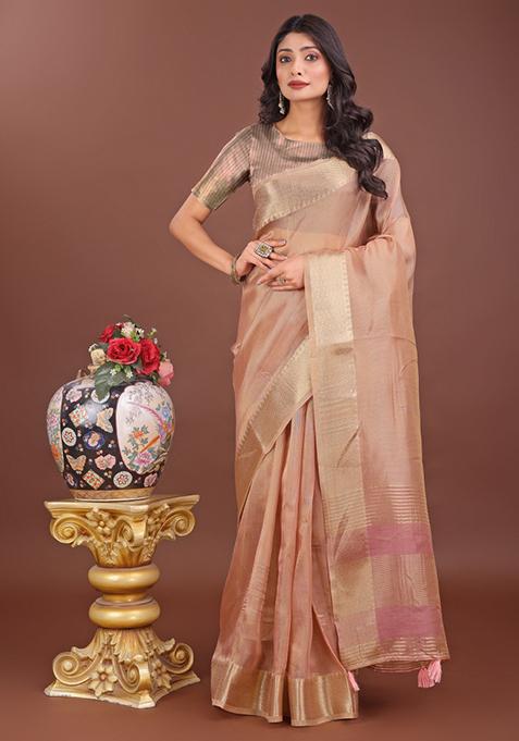 Peach Printed Organza Saree  Set