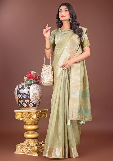 Light Green Printed Organza Saree Set