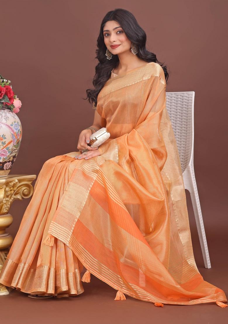 Orange Printed Organza Saree  Set