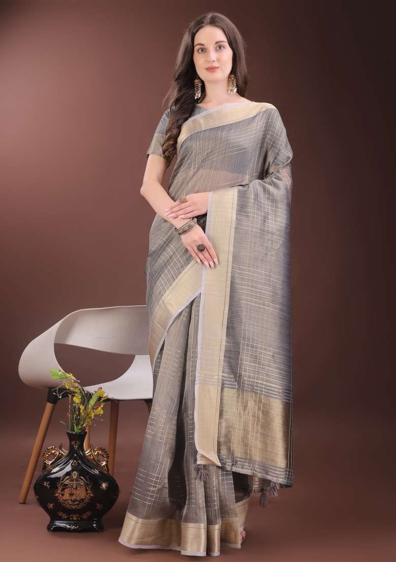 Grey Printed Organza Saree  Set - Indya