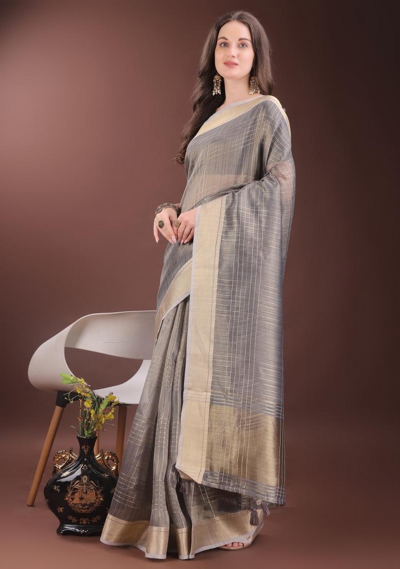Grey Printed Organza Saree  Set
