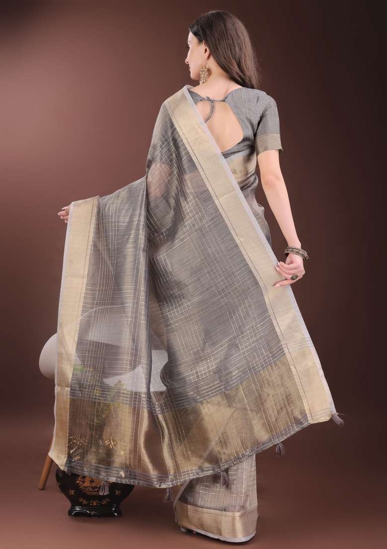 Grey Printed Organza Saree  Set - Indya