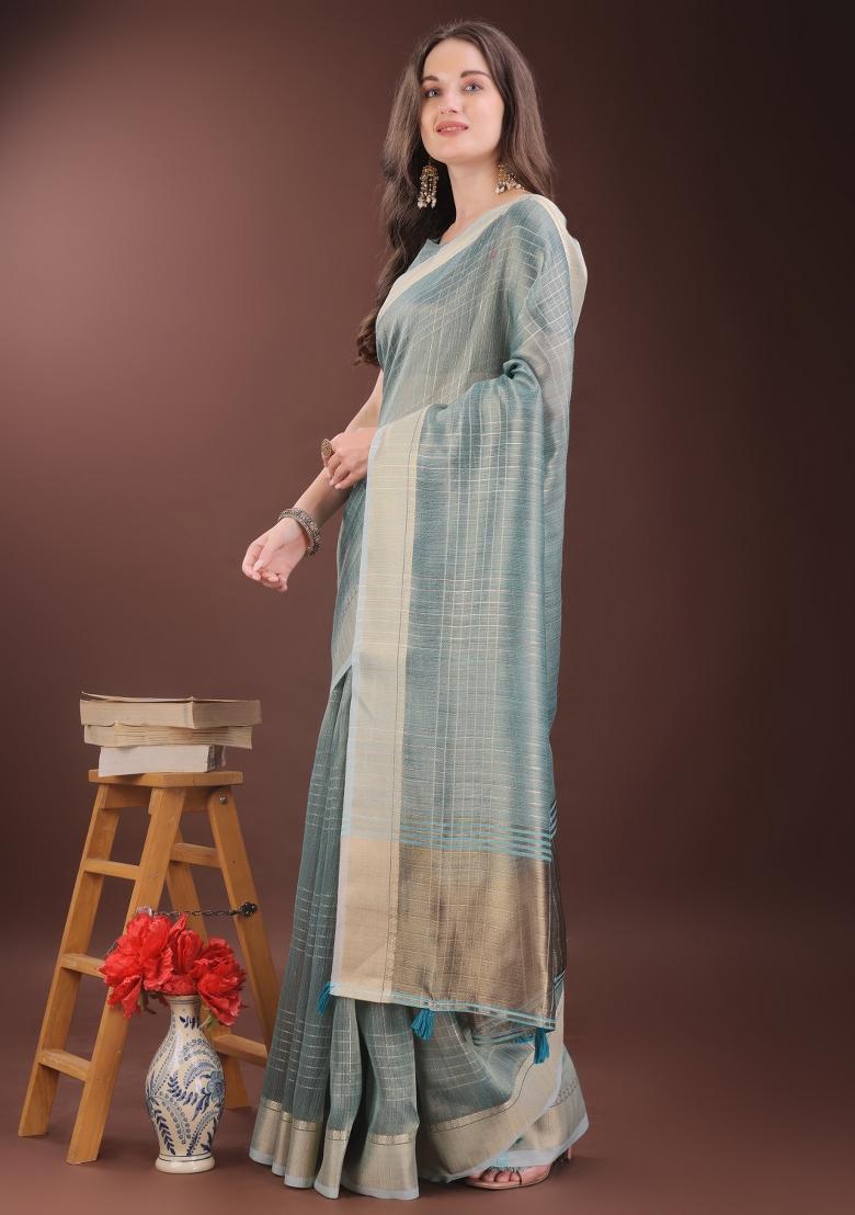 Light Blue Printed Organza Saree  Set