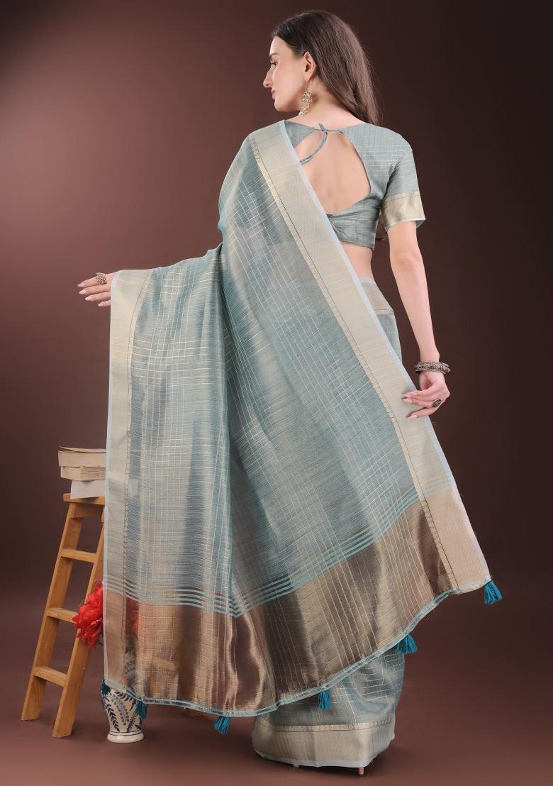 Light Blue Printed Organza Saree Set