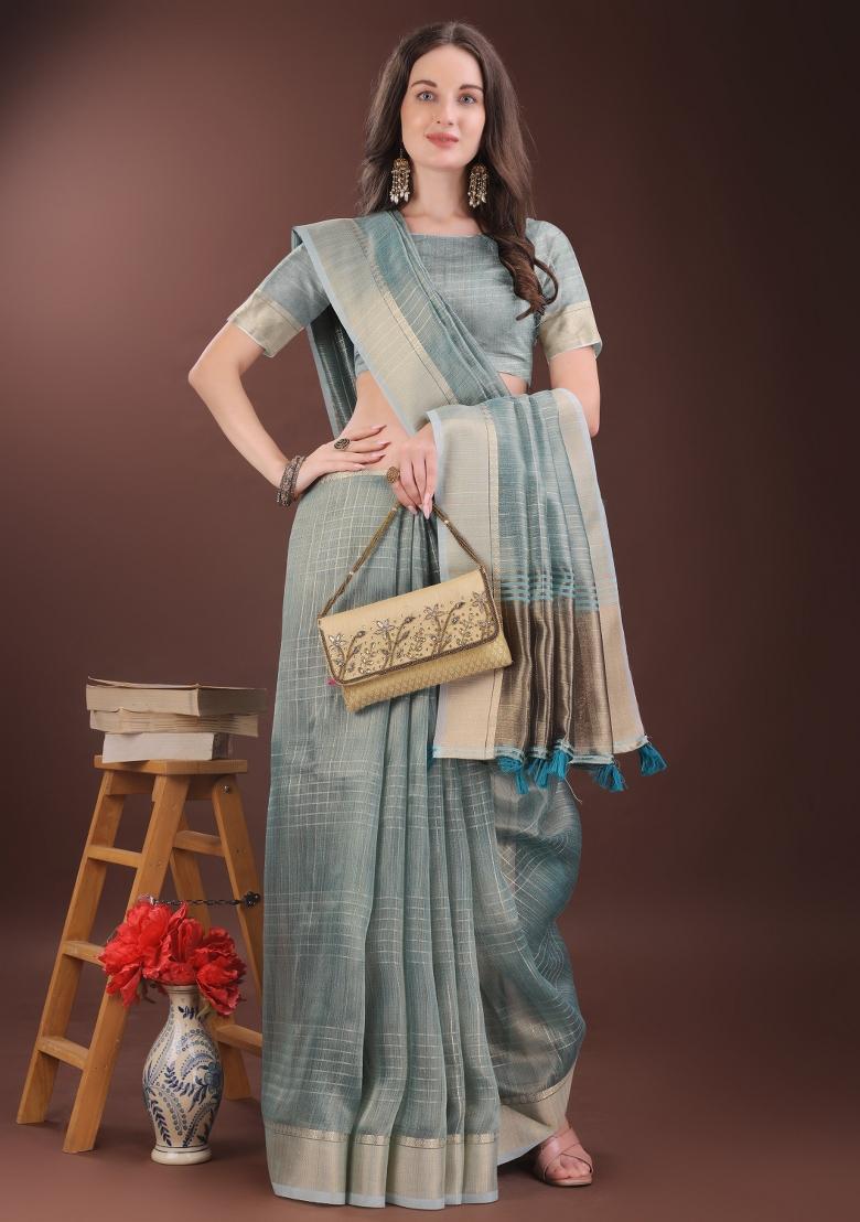 Light Blue Printed Organza Saree  Set