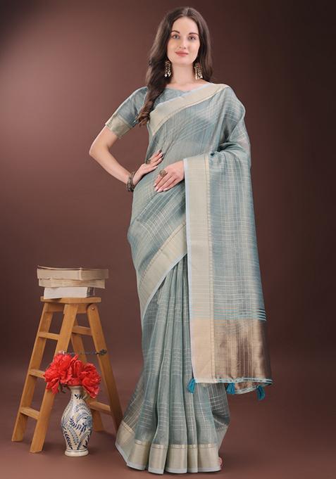 Light Blue Printed Organza Saree  Set