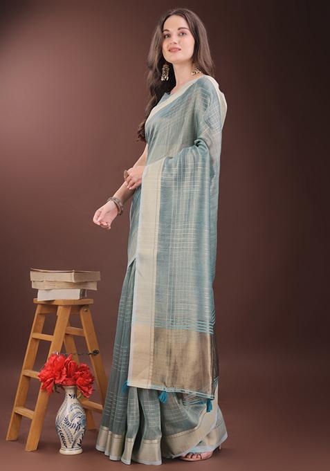 Light Blue Printed Organza Saree Set