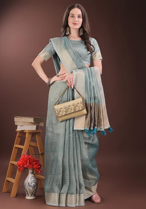 Light Blue Printed Organza Saree Set