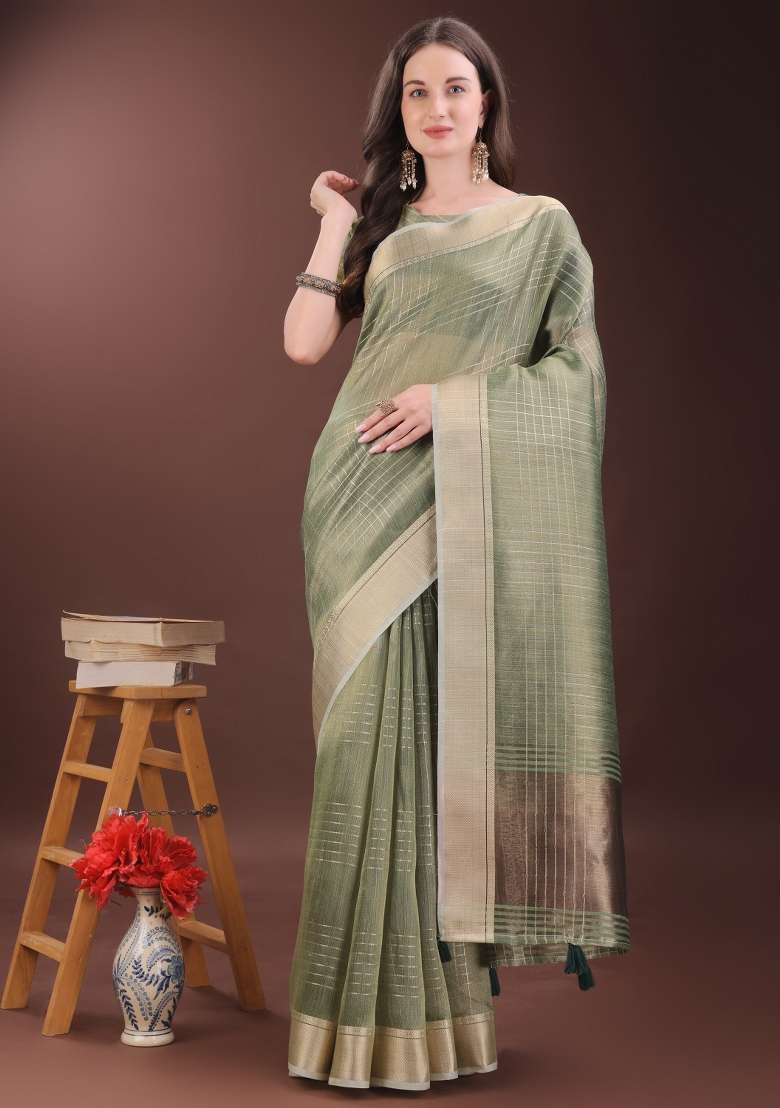 Green Printed Organza Saree  Set - Indya
