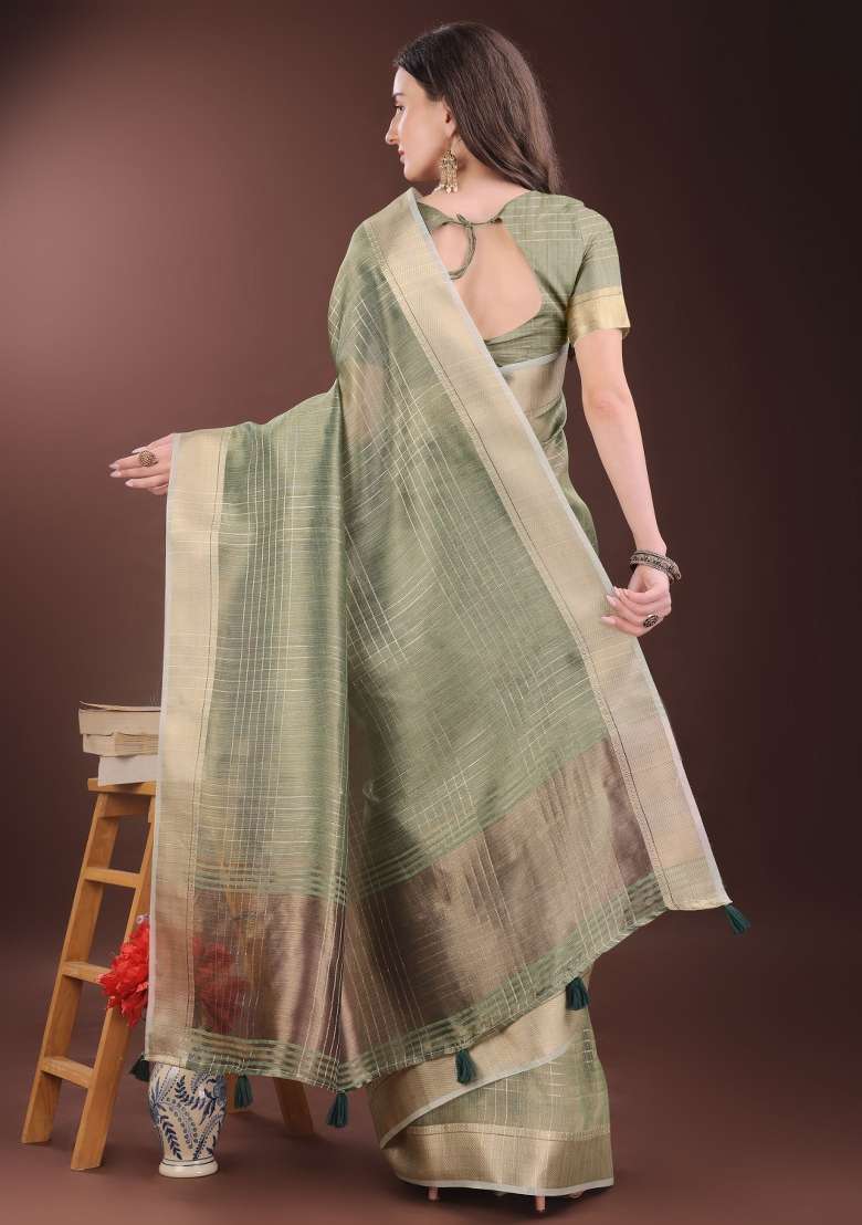 Green Printed Organza Saree  Set - Indya