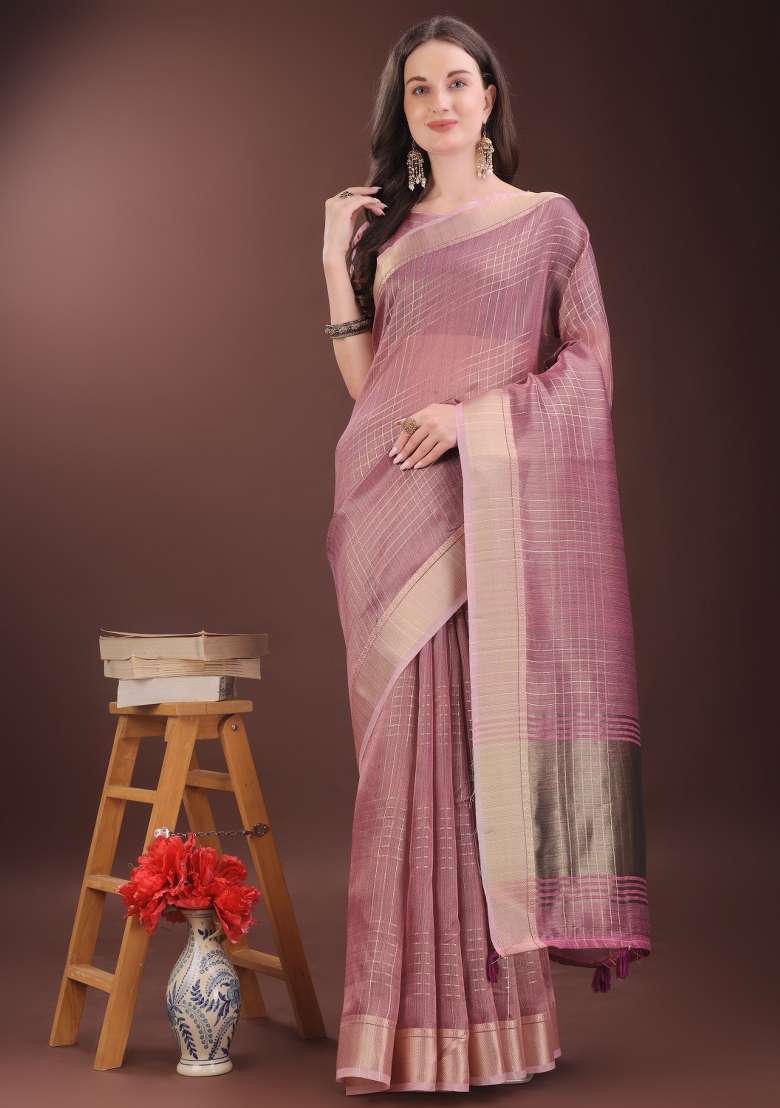 Pink Printed Organza Saree  Set - Indya