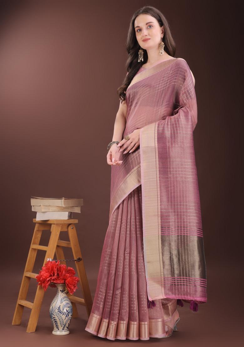 Pink Printed Organza Saree  Set