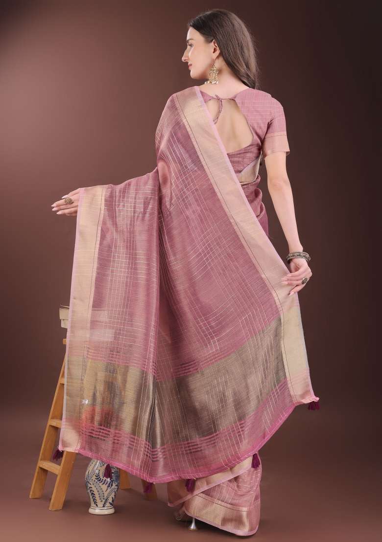 Pink Printed Organza Saree  Set - Indya