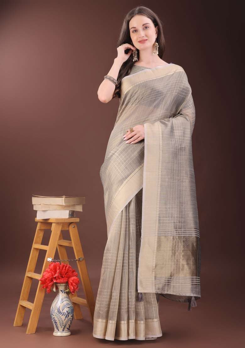 Beige Printed Organza Saree  Set - Indya