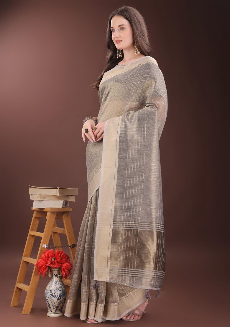 Beige Printed Organza Saree  Set