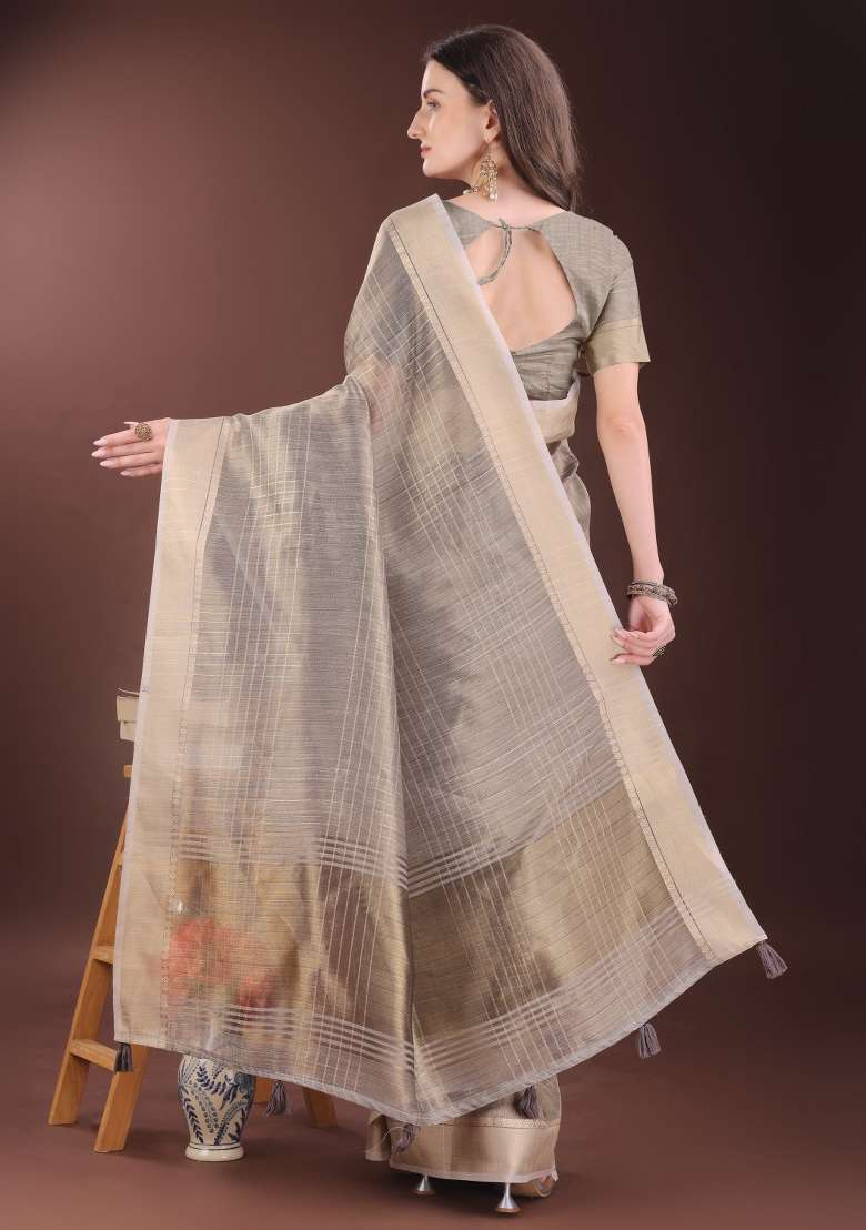 Beige Printed Organza Saree  Set - Indya