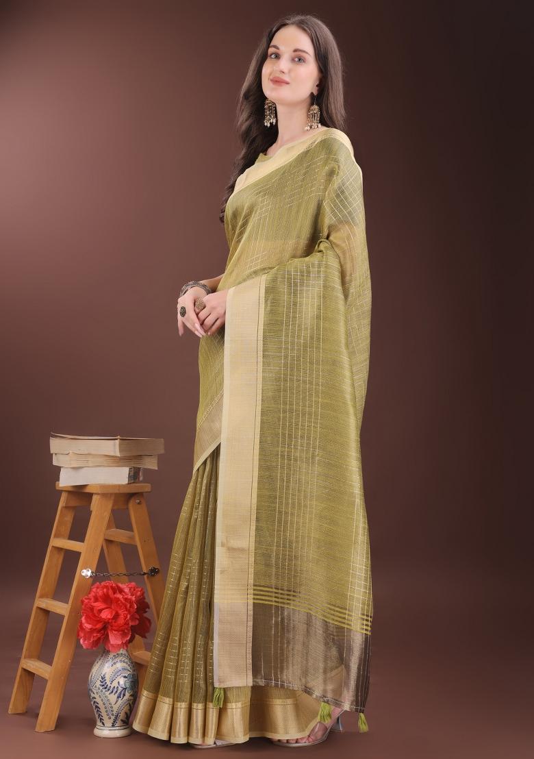 Mehendi Green Printed Organza Saree  Set
