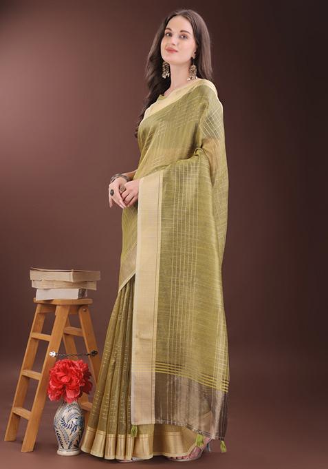 Mehendi Green Printed Organza Saree Set