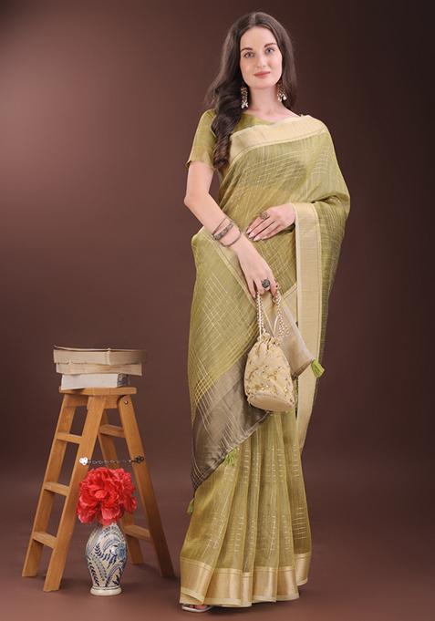 Mehendi Green Printed Organza Saree Set