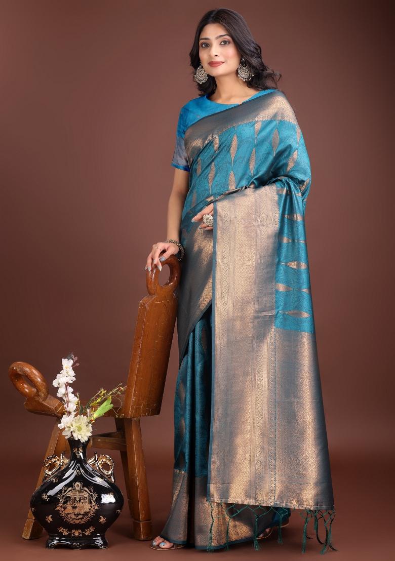 Sea Green Embroidered Banarasi Silk Saree  Set