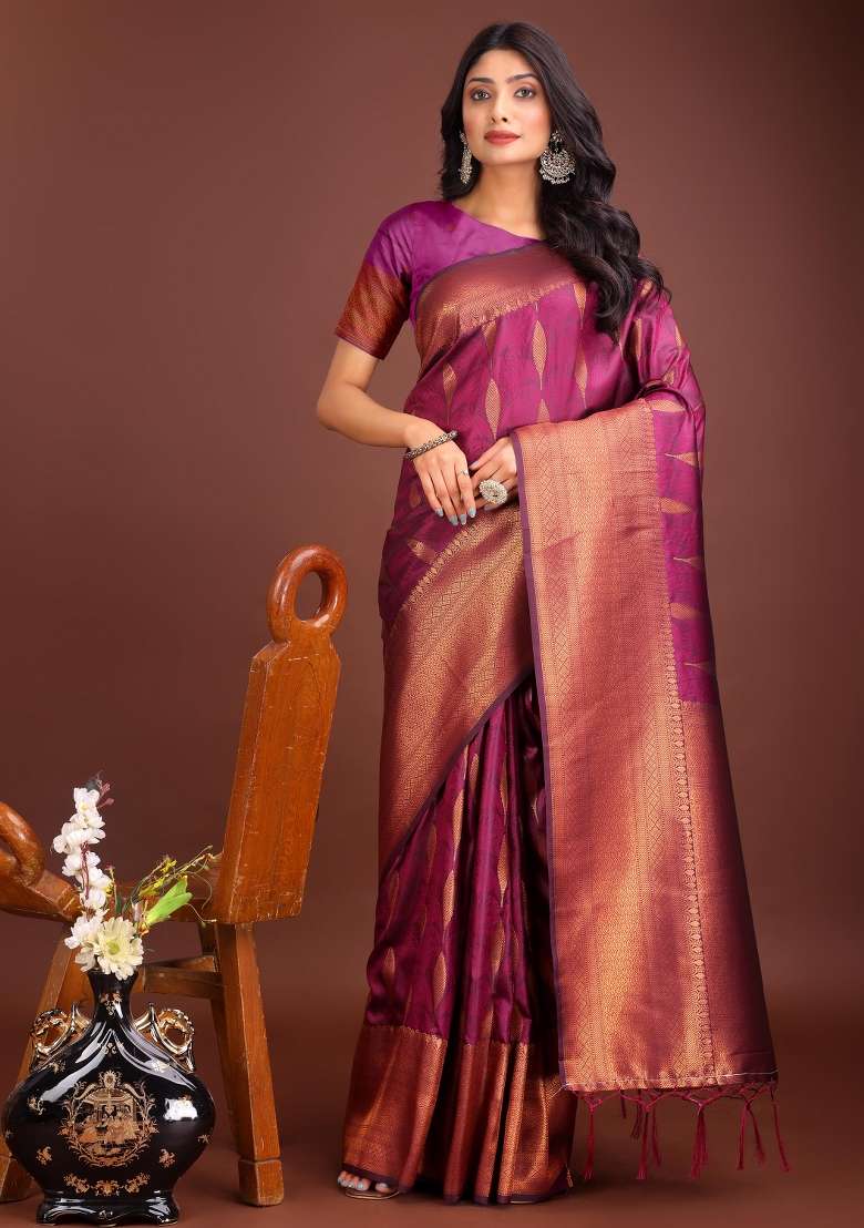 Purple Embroidered Banarasi Silk Saree  Set - Indya