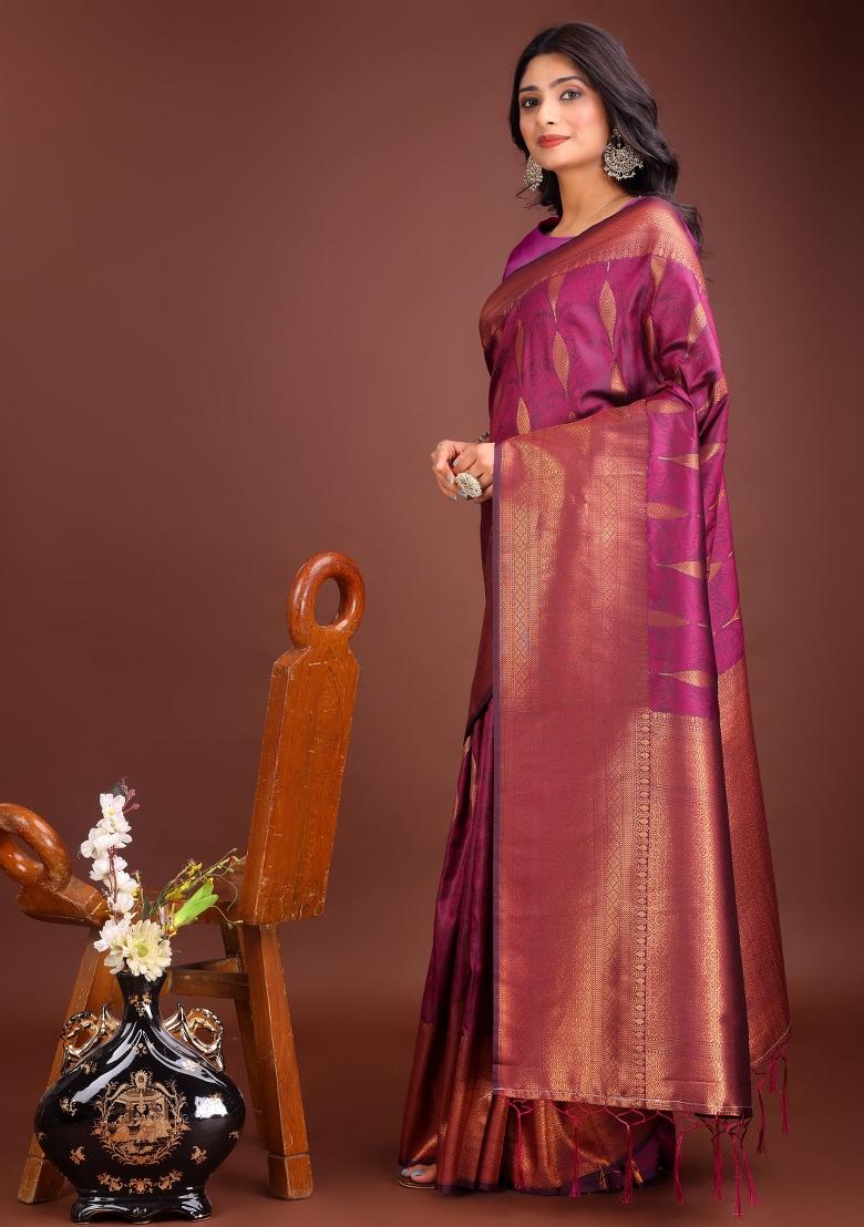 Purple Embroidered Banarasi Silk Saree  Set