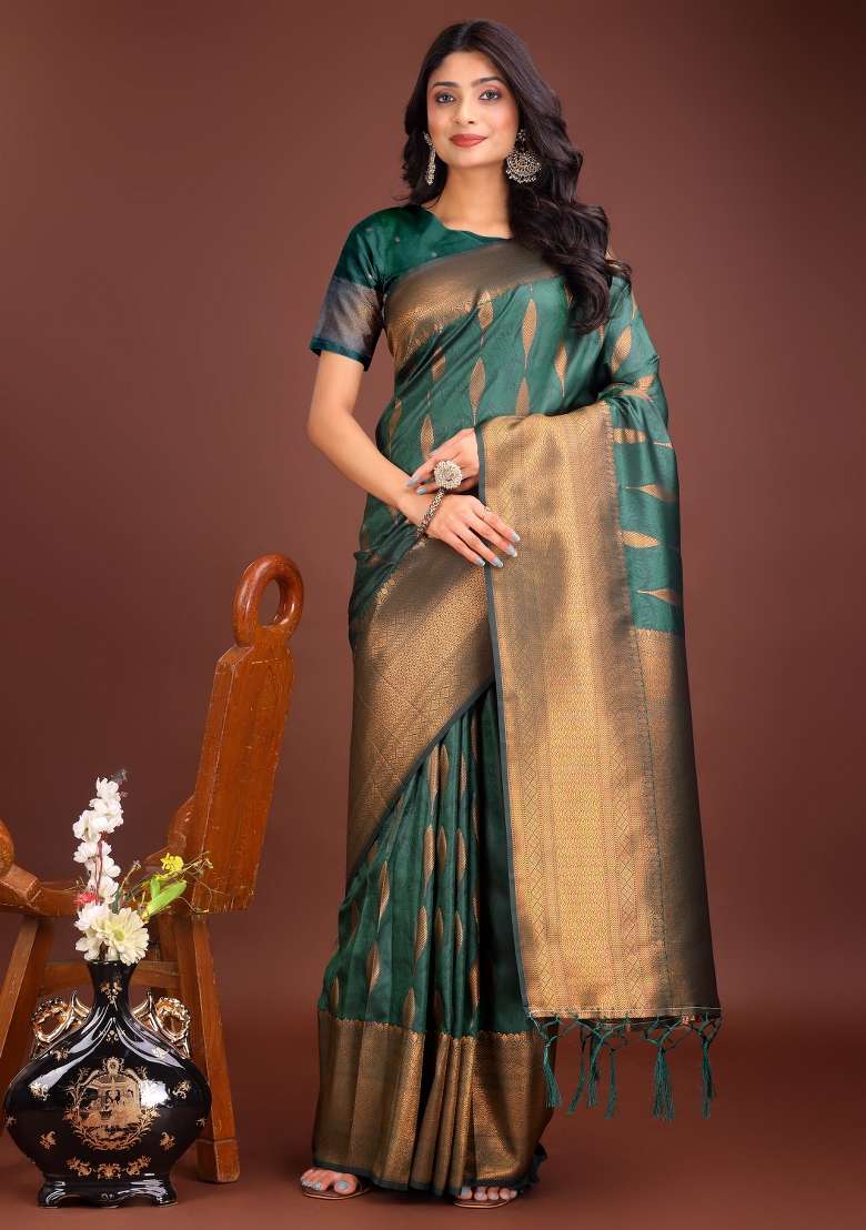 Green Embroidered Banarasi Silk Saree  Set - Indya