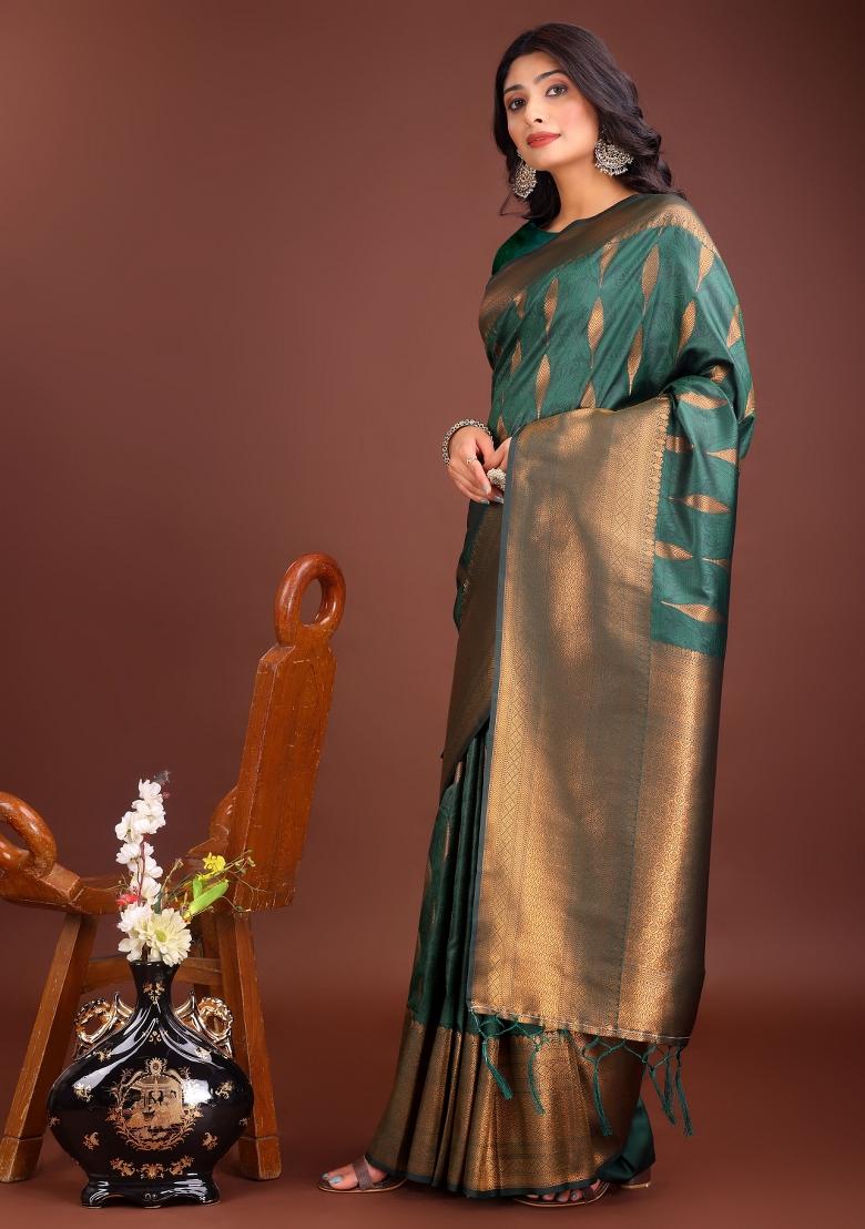 Green Embroidered Banarasi Silk Saree  Set