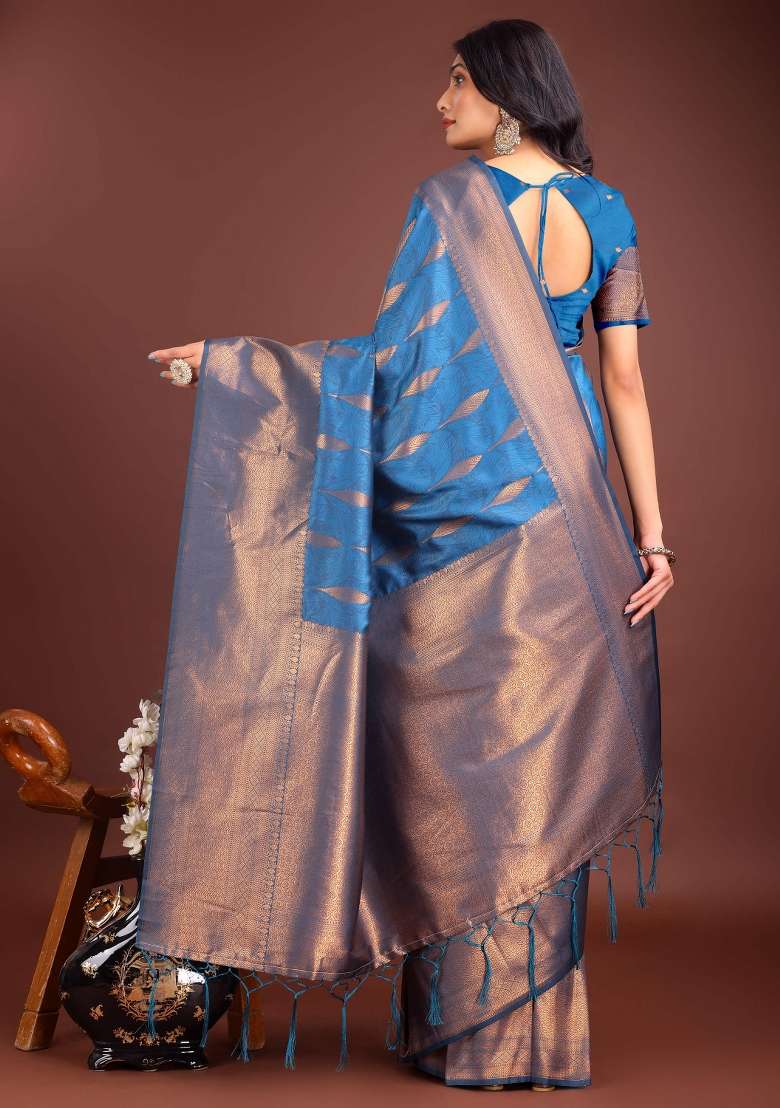 Sky Blue Embroidered Banarasi Silk Saree  Set - Indya